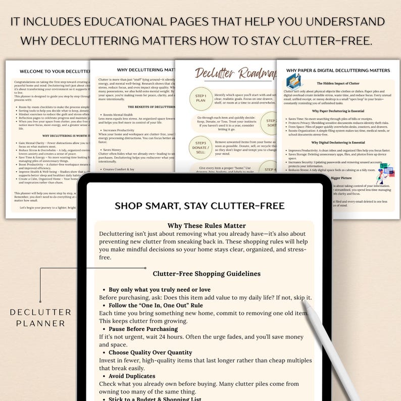 Puede incluir: Una tableta digital muestra p&aacute;ginas educativas sobre la organizaci&oacute;n, con el texto "Shop Smart, Stay Clutter-Free". Las p&aacute;ginas ofrecen pautas para compras conscientes y para mantener un hogar organizado. La imagen incluye texto sobre la organizaci&oacute;n.