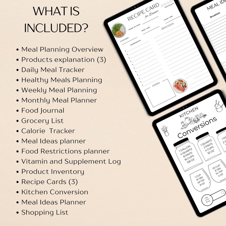 May include: A digital planner with a black and white design, featuring a list of meal planning resources, including a meal planning overview, product explanation, daily meal tracker, healthy meals planning, weekly meal planning, monthly meal planner, food journal, grocery list, calorie tracker, meal ideas planner, food restrictions planner, vitamin and supplement log, product inventory, recipe cards, kitchen conversion, meal ideas planner, and shopping list.