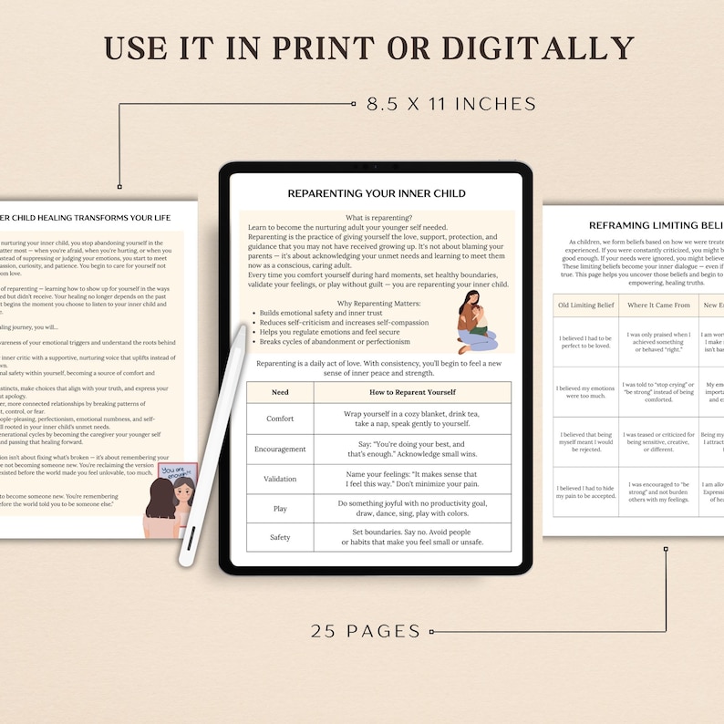 May include: A digital printable guide with the title "Re-Parenting Your Inner Child" and "Reframing Limiting Beliefs" on a tablet screen. The guide includes tips on how to re-parent yourself and how to reframe limiting beliefs. The guide is 8.5 x 11 inches and has 25 pages.