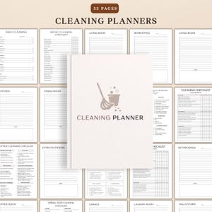 Puede incluir: Un planificador de limpieza blanco con el texto "CLEANING PLANNER" y un gr&aacute;fico de una fregona y un cubo. El planificador est&aacute; rodeado de p&aacute;ginas con listas de verificaci&oacute;n de limpieza y hojas de planificaci&oacute;n espec&iacute;ficas de la habitaci&oacute;n. La parte superior de la imagen dice "33 PAGES".