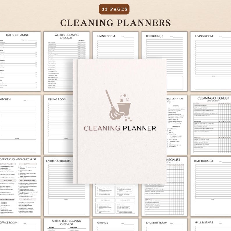 Puede incluir: Un planificador de limpieza blanco con el texto "CLEANING PLANNER" y un gr&aacute;fico de una fregona y un cubo. El planificador est&aacute; rodeado de p&aacute;ginas con listas de verificaci&oacute;n de limpieza y hojas de planificaci&oacute;n espec&iacute;ficas de la habitaci&oacute;n. La parte superior de la imagen dice "33 PAGES".