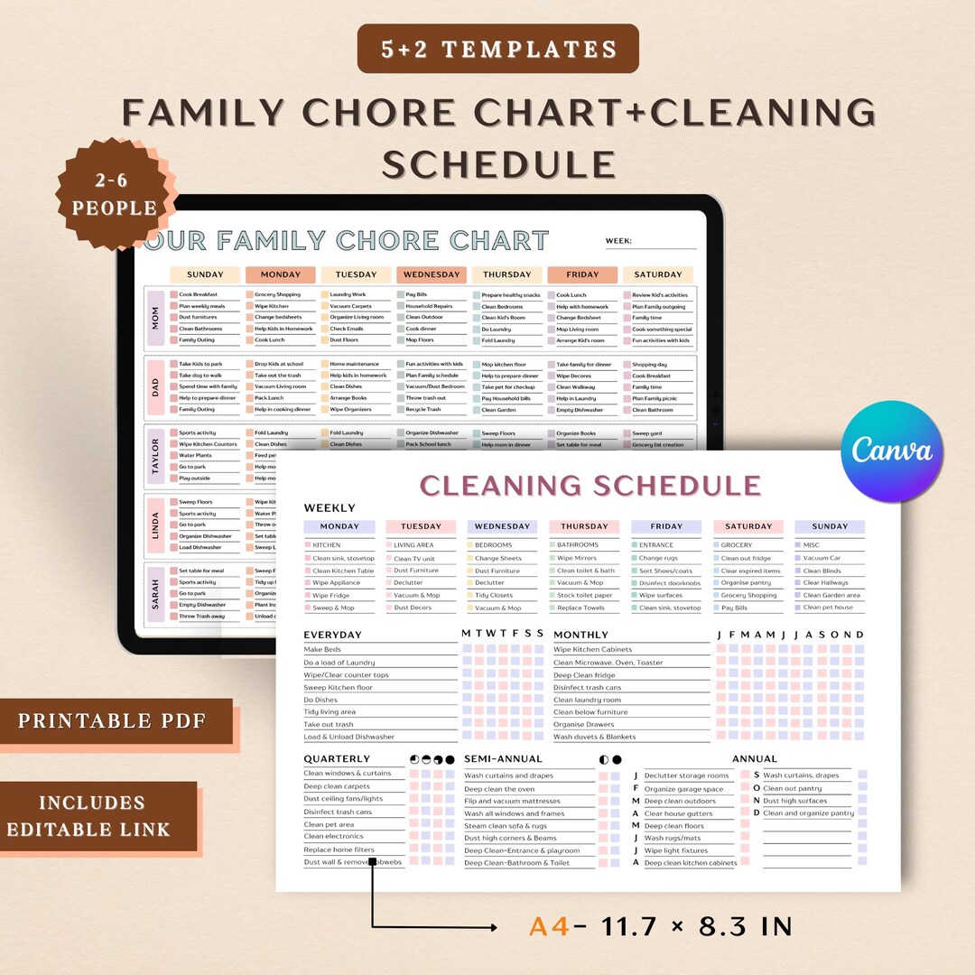 Editable Cleaning Schedule & Family Chore Chart BUNDLE, ADHD Cleaning ...