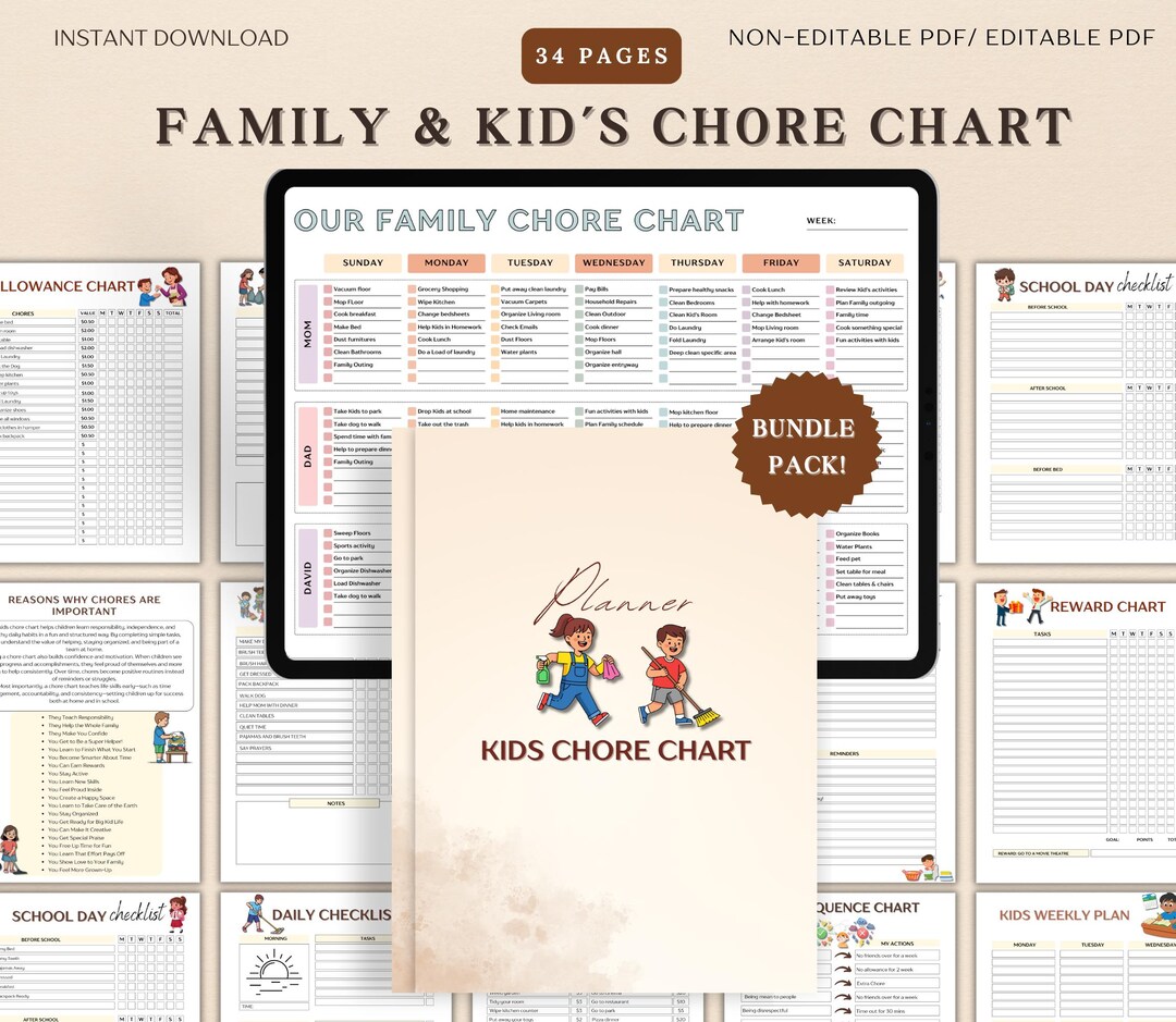 Editable Family & Kids Chore Chart Planner Bundle, Home Cleaning ...