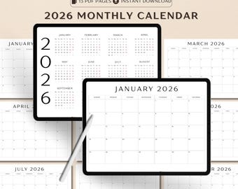 2026 Monthly Calendar Printable, 2026 Wall Calendar, Minimalist 2026 Monthly Planner, Sunday Monday Start, Landscape Calendar Template PDF