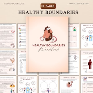 May include: A digital workbook titled "Healthy Boundaries" with 29 pages, available for instant download. The cover features an illustration of a person within a circle. Additional pages detail setting boundaries.