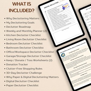 Op de afbeelding: Tablets tonen digitale checklists voor opruimen en andere bronnen. De afbeelding toont een lijst met items zoals een weekplanner, checklists voor opruimen voor verschillende kamers en een 30-daagse opruimuitdaging.