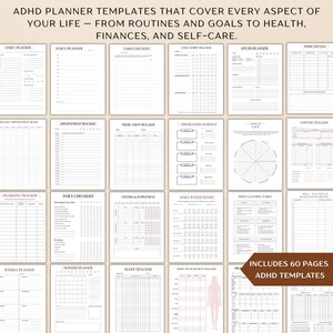 Puede incluir: Un conjunto de plantillas de planificador TDAH de 60 p&aacute;ginas. Las plantillas cubren varios aspectos de la vida, incluyendo rutinas, metas, salud, finanzas y autocuidado. Las p&aacute;ginas incluyen planificadores diarios, semanales y mensuales, adem&aacute;s de rastreadores.