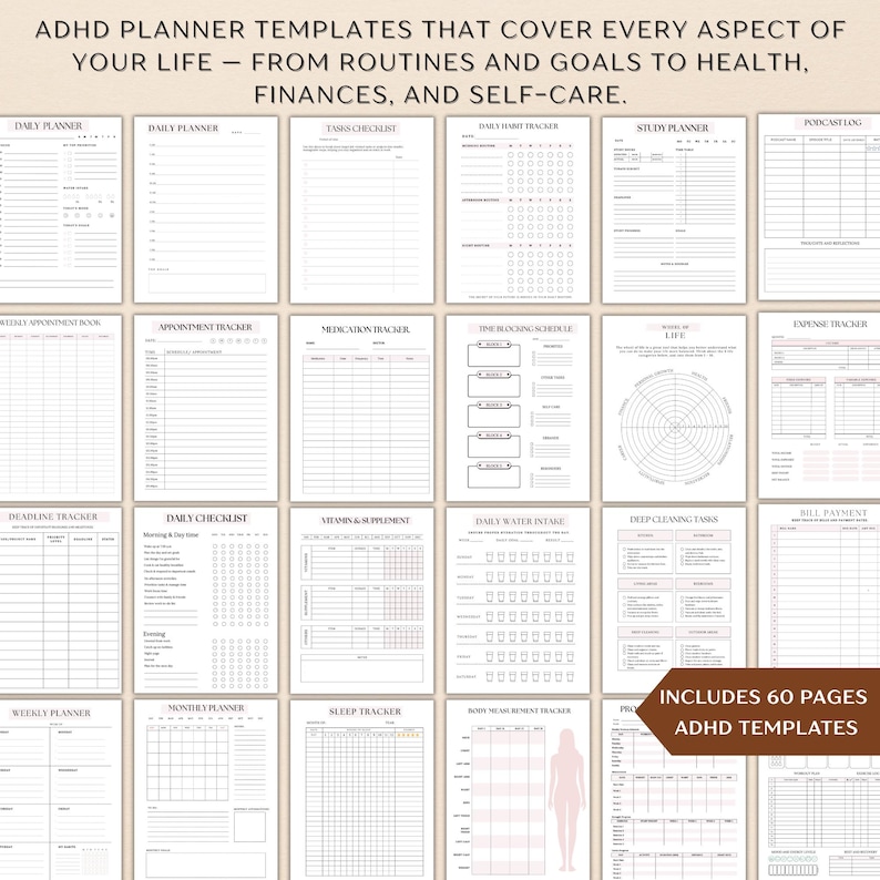 Puede incluir: Un conjunto de plantillas de planificador TDAH de 60 p&aacute;ginas. Las plantillas cubren varios aspectos de la vida, incluyendo rutinas, metas, salud, finanzas y autocuidado. Las p&aacute;ginas incluyen planificadores diarios, semanales y mensuales, adem&aacute;s de rastreadores.