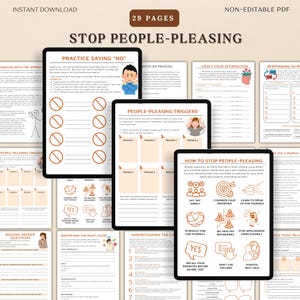 Puede incluir: Una descarga digital titulada "STOP PEOPLE-PLEASING" con 29 páginas. La imagen muestra varias hojas de trabajo digitales en tabletas, incluidas secciones sobre decir no, gratitud e identificación de desencadenantes. Las hojas de trabajo tienen ilustraciones y avisos.