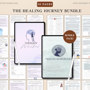 May include: A digital download bundle of two workbooks, one titled "Therapy Workbook" and the other titled "Trauma Workbook". Both workbooks feature a blue and white color scheme with a stylized image of a person climbing a ladder. The text "Bundle Pack!" is displayed in a brown circle.