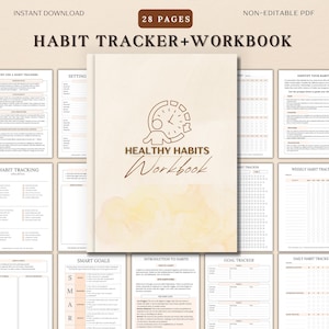 May include: A digital habit tracker and workbook with 28 pages. The cover features the text "Healthy Habits Workbook" and a clock icon. The workbook includes sections for habit tracking, goal setting, and daily tracking. The words "Instant Download" and "Non-Editable PDF" are also visible.