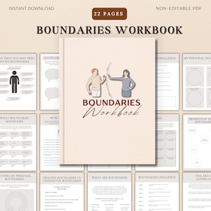 Può includere: Un quaderno di lavoro digitale intitolato "Boundaries Workbook" con 22 pagine, con illustrazioni e testo. La copertina mostra una coppia con una linea tra loro. Download immediato in formato PDF non modificabile.