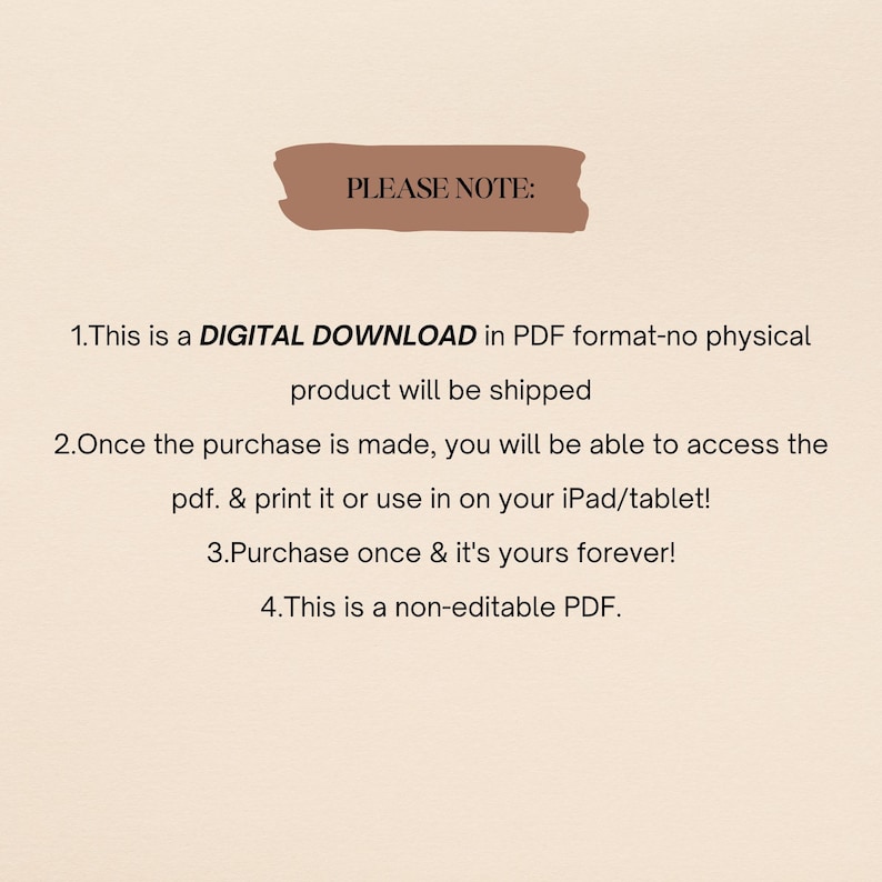 Puede incluir: Aviso de descarga digital en formato PDF. El texto indica que es una descarga digital y que no se enviar&aacute; ning&uacute;n producto f&iacute;sico. El PDF se puede imprimir o usar en un iPad o tableta.