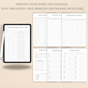Peut inclure: Un ensemble de pages de suivi budg&eacute;taire imprimables en noir et blanc. Les pages comprennent des sections pour les abonnements, les achats, les &eacute;conomies, les factures de services publics, les d&eacute;penses, les mots de passe et une liste de contacts.