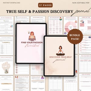 May include: Digital download bundle featuring a workbook and journal for self-discovery. The workbook is titled "Find Your Passion" and the journal is titled "Discover True Self." The bundle includes 57 pages and is a non-editable PDF.