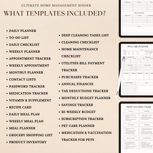 Peut inclure: Une liste de mod&egrave;les de gestion de la maison imprimables, comprenant un planificateur quotidien, une liste de t&acirc;ches &agrave; faire, une liste de contr&ocirc;le de nettoyage, un planificateur hebdomadaire, un suivi des rendez-vous, un planificateur mensuel, des listes de contacts, un suivi des mots de passe, un suivi des m&eacute;dicaments, un suivi des vitamines et des suppl&eacute;ments, une carte de recette, un planificateur de repas, une liste de courses, un inventaire des produits, une liste de t&acirc;ches de nettoyage en profondeur, une liste de contr&ocirc;le d'entretien de la maison, un suivi des factures de services publics, un suivi des achats, des finances annuelles, un suivi des d&eacute;ductions fiscales, un planificateur de budget mensuel, un suivi des &eacute;conomies, un budget bi-hebdomadaire, un suivi des abonnements, un planificateur de soins pour animaux de compagnie, un suivi des m&eacute;dicaments et des vaccins pour animaux de compagnie.