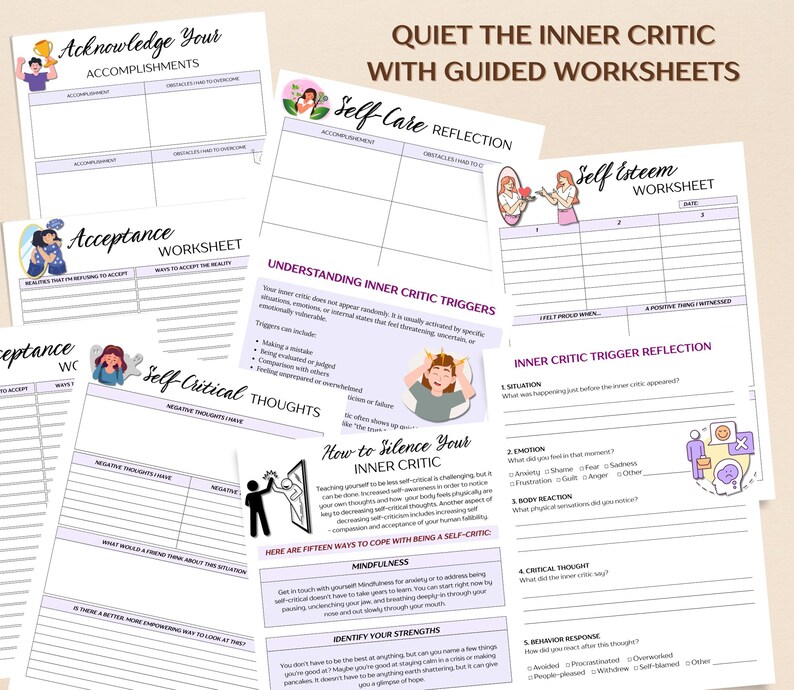 Inner Critic & Self Esteem Workbook Bundle, CBT Therapy Tools, Boundary ...