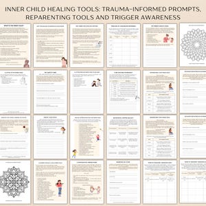 May include: A printable workbook with worksheets and activities for inner child healing. The workbook includes prompts for trauma-informed journaling, re-parenting tools, and trigger awareness.