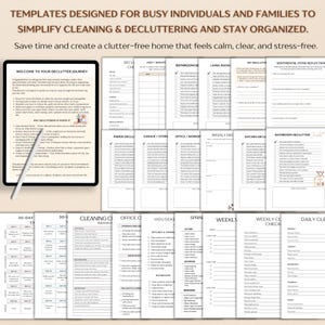 Puede incluir: Plantillas imprimibles para la organizaci&oacute;n del hogar, con listas de verificaci&oacute;n para ordenar, limpiar y tareas diarias. Las plantillas est&aacute;n dise&ntilde;adas para simplificar la limpieza y el orden. La imagen incluye el texto: "TEMPLATES DESIGNED FOR BUSY INDIVIDUALS AND FAMILIES TO SIMPLIFY CLEANING & DECLUTTERING."