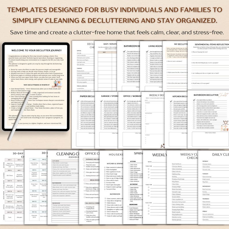 Puede incluir: Plantillas imprimibles para la organizaci&oacute;n del hogar, con listas de verificaci&oacute;n para ordenar, limpiar y tareas diarias. Las plantillas est&aacute;n dise&ntilde;adas para simplificar la limpieza y el orden. La imagen incluye el texto: "TEMPLATES DESIGNED FOR BUSY INDIVIDUALS AND FAMILIES TO SIMPLIFY CLEANING & DECLUTTERING."