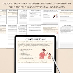 May include: A digital tablet displays journaling prompts for inner child work. The tablet is surrounded by printed pages with prompts like "Rewriting," "Boundary Breakthrough," and "Create a Safe Space." The text on the tablet reads "My Inner Child's Voice."