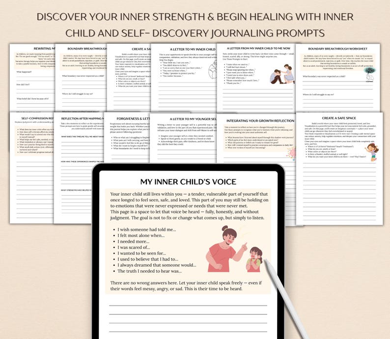 May include: A digital tablet displays journaling prompts for inner child work. The tablet is surrounded by printed pages with prompts like "Rewriting," "Boundary Breakthrough," and "Create a Safe Space." The text on the tablet reads "My Inner Child's Voice."