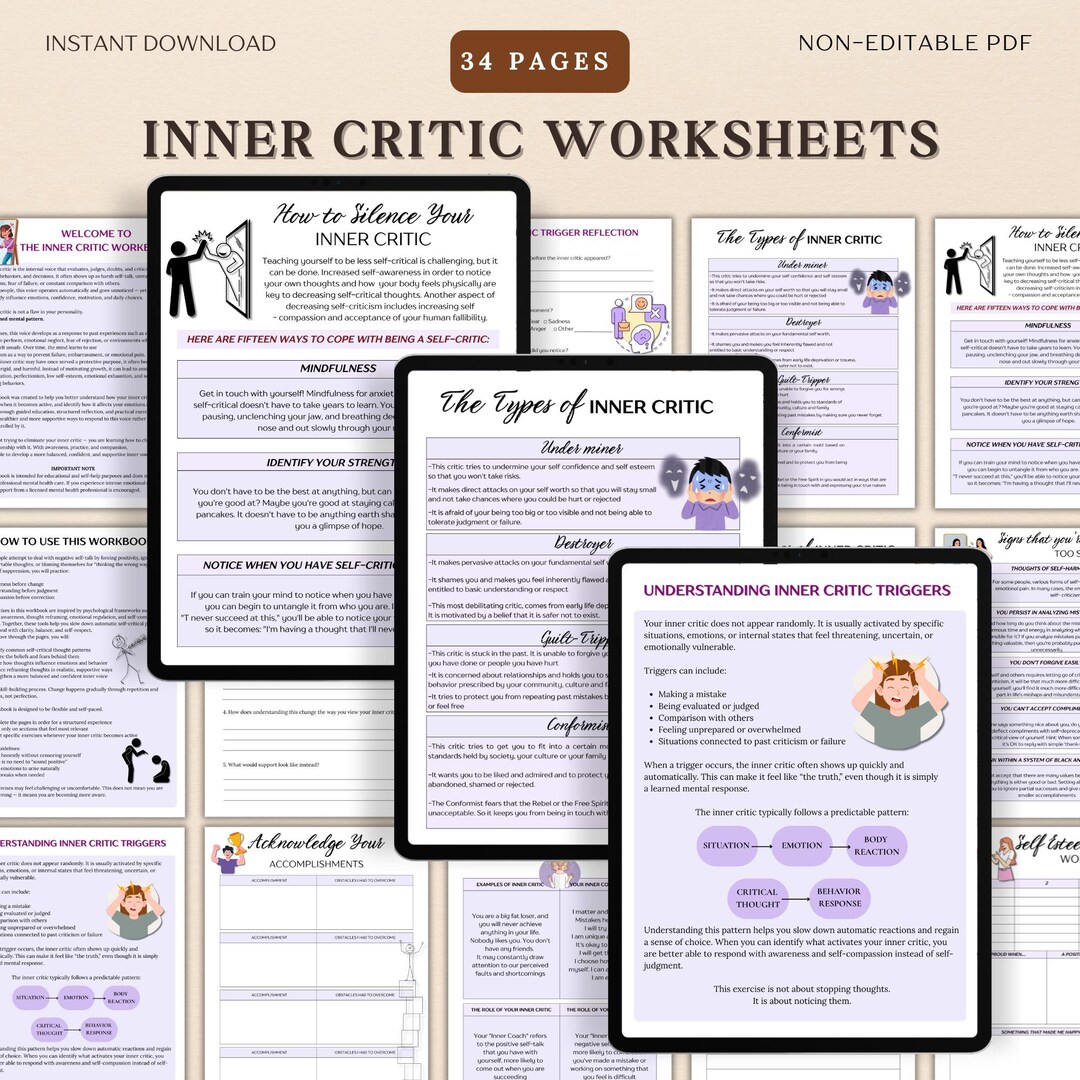 Inner Critic Worksheet.pdf Inner Critic Worksheets, Self-worth, Self Esteem,self Help, Therapy ...