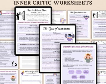 Inner Critic Worksheets, Self-Worth, Self esteem,Self help, Therapy worksheets, Self Healing, Silencing Negative Self Talk,CBT therapy tools