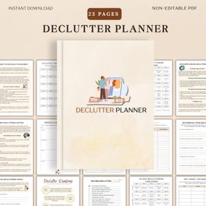 Peut inclure: Un planificateur de désencombrement de 23 pages, avec une illustration de couverture d'une personne organisant des vêtements. Le planificateur comprend des sections pour le désencombrement mensuel et hebdomadaire, les objectifs et un défi de 30 jours. Texte : "Téléchargement instantané".