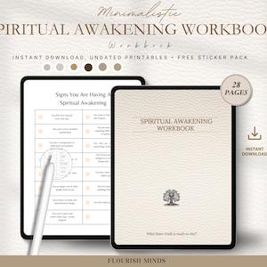 以下が含まれることがあります： 「Spiritual Awakening Workbook」というタイトルのデジタルワークブック。クリーム色の表紙と木のロゴが付いています。ワークブックは、内側のページが表示されている別のタブレットの隣のタブレットに表示されます。「インスタントダウンロード」というテキストも表示されます。