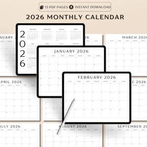 以下が含まれることがあります： タブレットに表示されたデジタル2026年カレンダー。カレンダーは、2026年が大きく表示された、クリーンでミニマリストなデザインです。画像には「2026 MONTHLY CALENDAR」と「13 PDF PAGES INSTANT DOWNLOAD」の文字が含まれています。