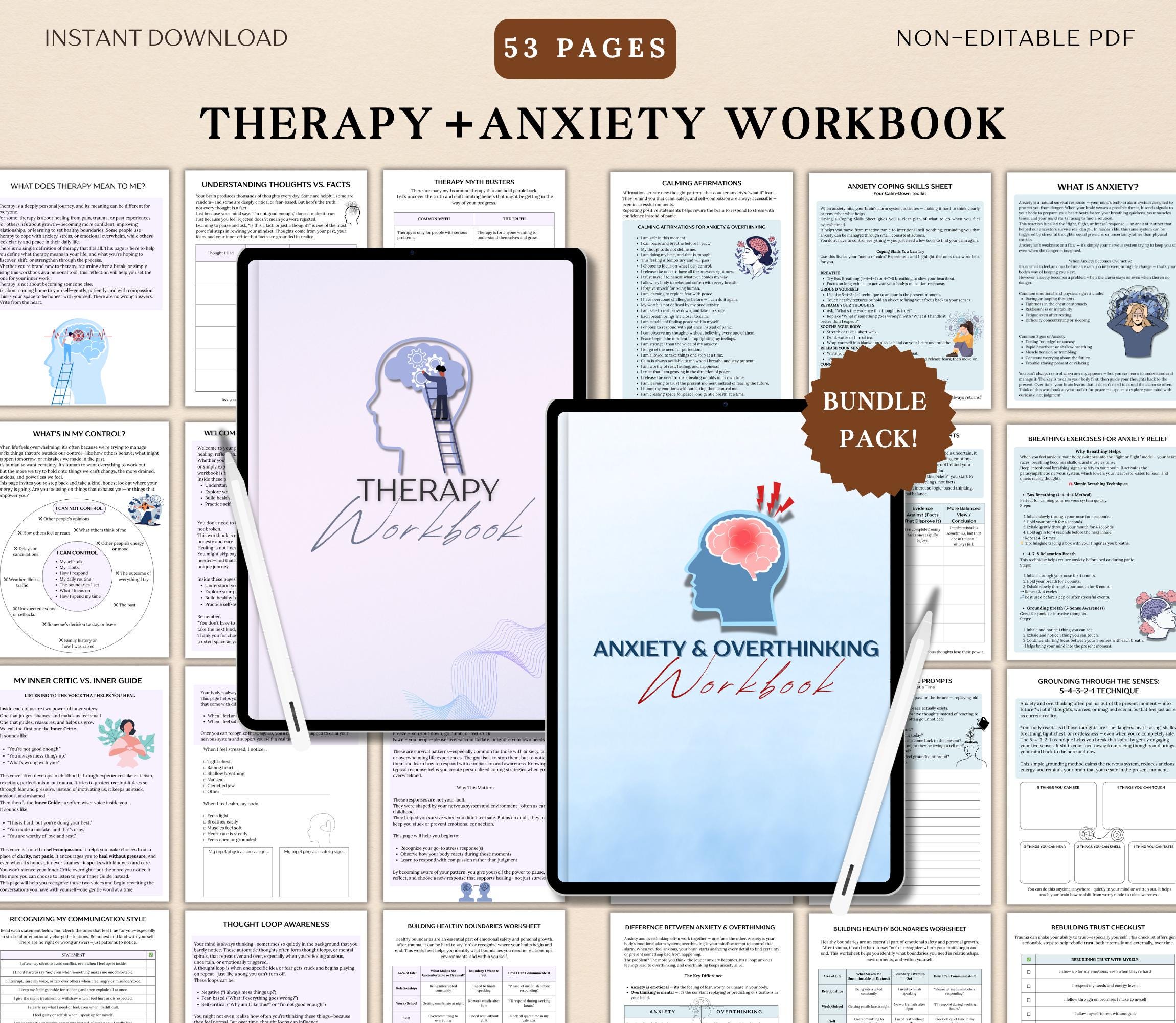 Therapy Anxiety & Overthinking Workbook Bundle, CBT Therapy Tools ...