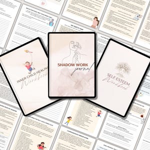 May include: Three workbooks with the titles "Inner Child Healing Workbook", "Shadow Work Journal", and "Self Esteem Workbook". The workbooks are surrounded by pages with text and illustrations. The cover of the "Shadow Work Journal" features a line drawing of a person.