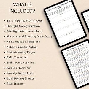 May include: A digital printable worksheet for organizing thoughts and ideas. The worksheet is titled "Organize Your Thoughts for Greater Clarity" and includes sections for personal, work, ideas, and miscellaneous thoughts. The worksheet also includes a section titled "How to Use This Workbook?" with instructions on how to use the worksheet.