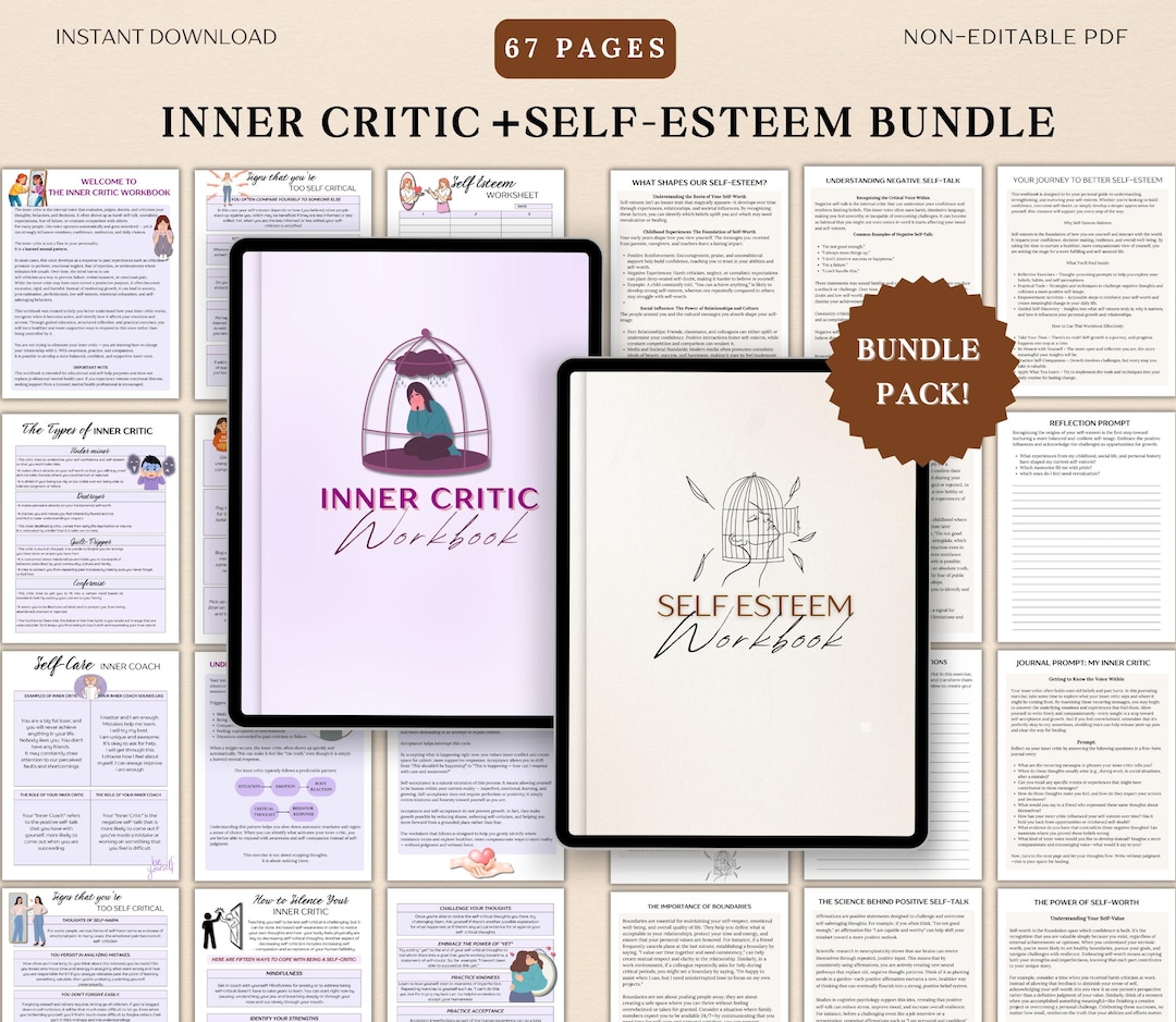 Inner Critic & Self Esteem Workbook Bundle, CBT Therapy Tools, Boundary ...