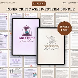 May include: Digital workbook bundle titled "Inner Critic + Self-Esteem." The cover of the "Inner Critic Workbook" features a person in a cage. The "Self-Esteem Workbook" cover has a cage with a face. The bundle includes 67 pages and is an instant download.