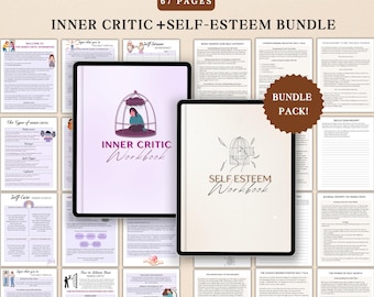 Inner Critic & Self Esteem Workbook Bundle, CBT Therapy Tools, Boundary Setting, Self-Worth, Self Healing, Silencing Negative Self Talk PDF