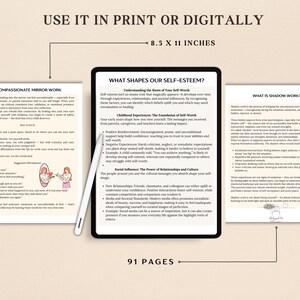 May include: A digital tablet displaying text about self-esteem and shadow work, with a stylus. The text includes topics like childhood experiences and social influence. The tablet is 8.5 x 11 inches. Two printed pages are on either side.