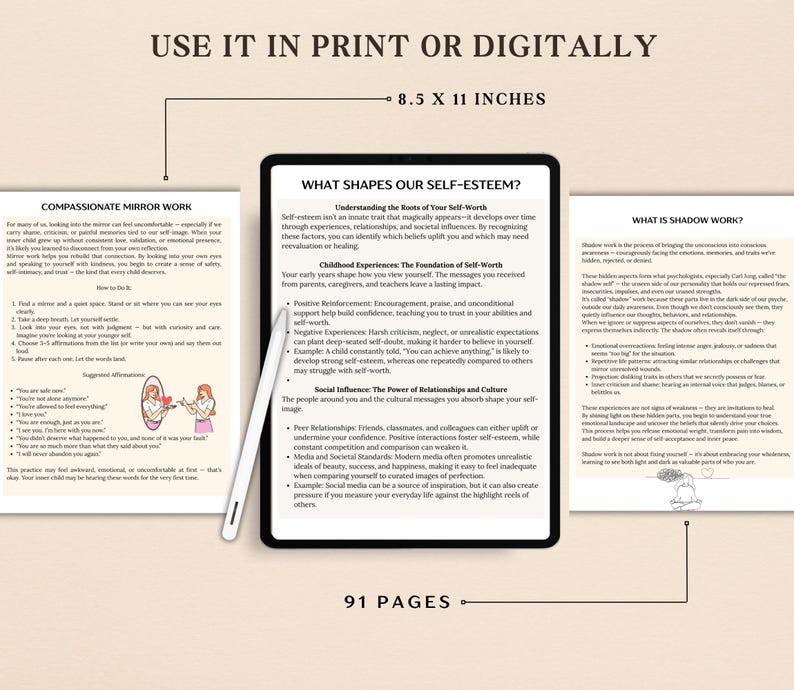 May include: A digital tablet displaying text about self-esteem and shadow work, with a stylus. The text includes topics like childhood experiences and social influence. The tablet is 8.5 x 11 inches. Two printed pages are on either side.