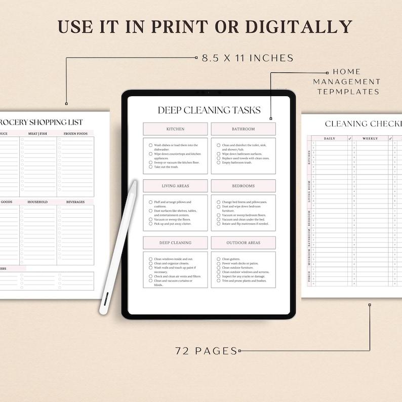 Puede incluir: Un conjunto de plantillas digitales para la gesti&oacute;n del hogar, que incluye una lista de la compra, tareas de limpieza profunda y una lista de control de limpieza. El conjunto mide 21,59 x 27,94 cm y se puede utilizar en impresi&oacute;n o digitalmente.