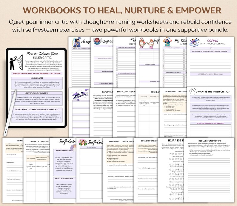 Inner Critic & Self Esteem Workbook Bundle, CBT Therapy Tools, Boundary ...