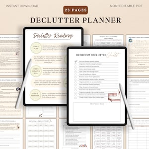 May include: Digital declutter planner featuring a black tablet with a declutter roadmap and checklist. The planner, with 23 pages, is available for instant download. The checklist focuses on bedroom decluttering.