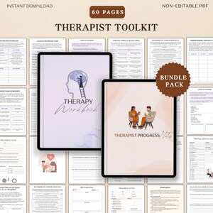 May include: A digital Therapist Toolkit bundle with 60 pages, including a Therapy Workbook and Therapist Progress Notes. The cover of the workbook features a brain graphic with a ladder. The progress notes cover shows two people in chairs.