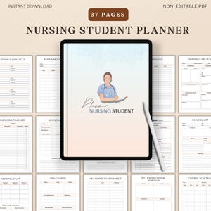 May include: A digital nursing student planner with 37 pages, featuring a cover illustration of a nurse. The planner includes sections for emergency contacts, assignments, homework tracking, and clinical lists. The text on the cover reads "Nursing Student Planner."