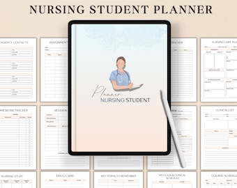 May include: A digital nursing student planner with 37 pages, featuring a cover illustration of a nurse. The planner includes sections for emergency contacts, assignments, homework tracking, and clinical lists. The text on the cover reads "Nursing Student Planner."