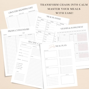 Peut inclure: Un ensemble de pages de planificateur imprimables en noir et blanc pour la planification des repas, les courses, les cartes de recettes, l'inventaire des produits et le suivi des vitamines et des suppl&eacute;ments. Les pages pr&eacute;sentent un design minimaliste avec un motif floral rose et blanc.