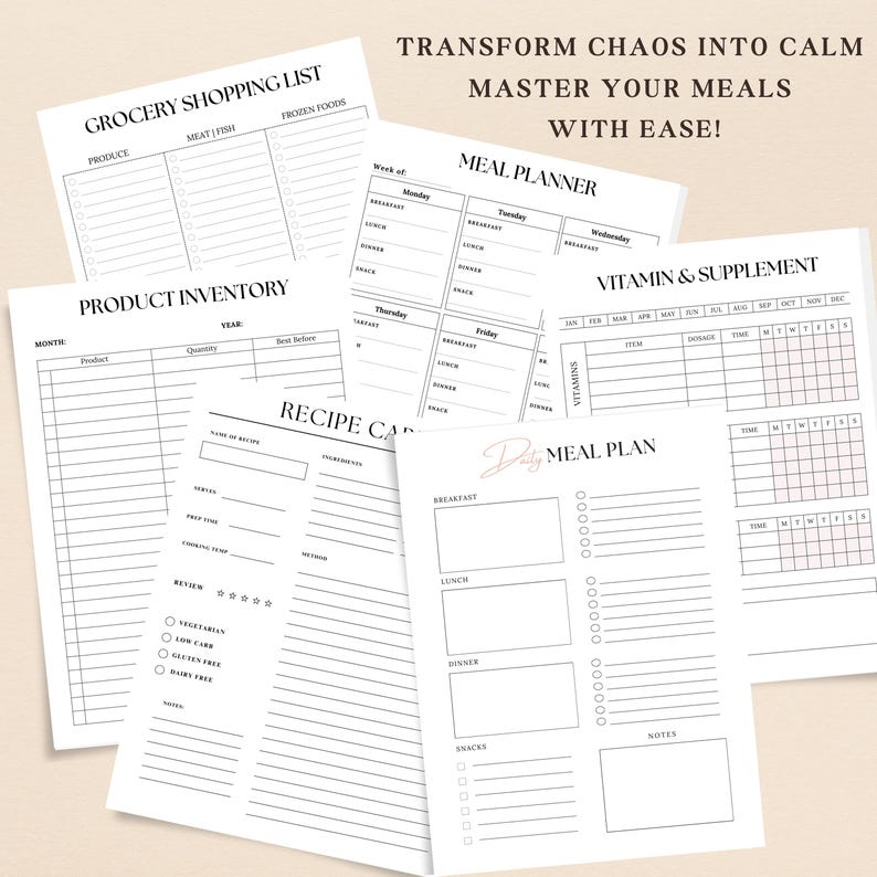 Peut inclure: Un ensemble de pages de planificateur imprimables en noir et blanc pour la planification des repas, les courses, les cartes de recettes, l'inventaire des produits et le suivi des vitamines et des suppl&eacute;ments. Les pages pr&eacute;sentent un design minimaliste avec un motif floral rose et blanc.