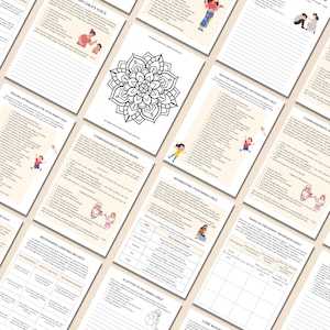 May include: A printable workbook with worksheets and activities for healing your inner child. The workbook includes sections on affirmations, mirror work, reframing limiting beliefs, and more. The pages are decorated with illustrations of children and flowers.