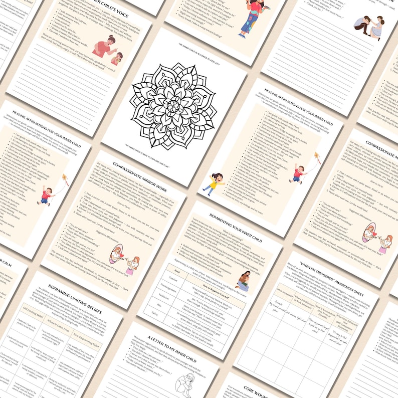 May include: A printable workbook with worksheets and activities for healing your inner child. The workbook includes sections on affirmations, mirror work, reframing limiting beliefs, and more. The pages are decorated with illustrations of children and flowers.