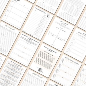May include: A printable workbook with black and white illustrations and text. The workbook includes pages for daily to-do lists, brain dumps, priority matrices, action priority matrices, setting smart goals, and organizing thoughts for greater clarity. The workbook is designed to help people organize their thoughts and ideas.